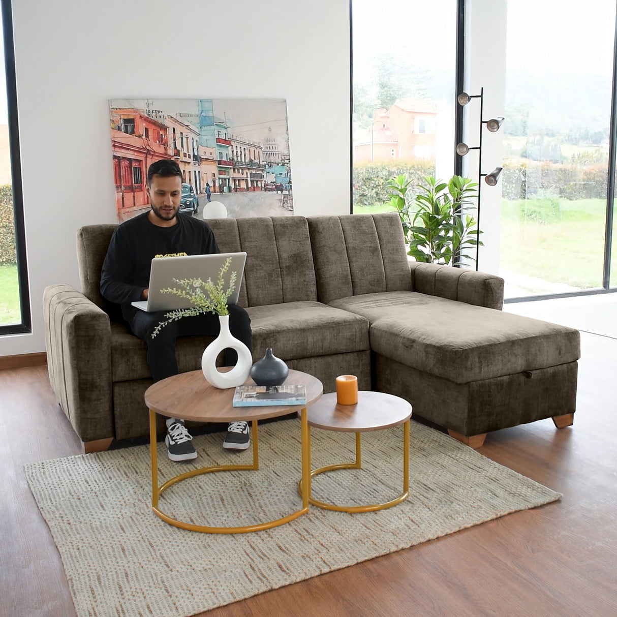 Sofá Cama en L Izquierdo Apolo Taupe y Matiz Caoba 220x92cm de Tres Puestos Reclinable con Almacenamiento y con Apoya Brazos