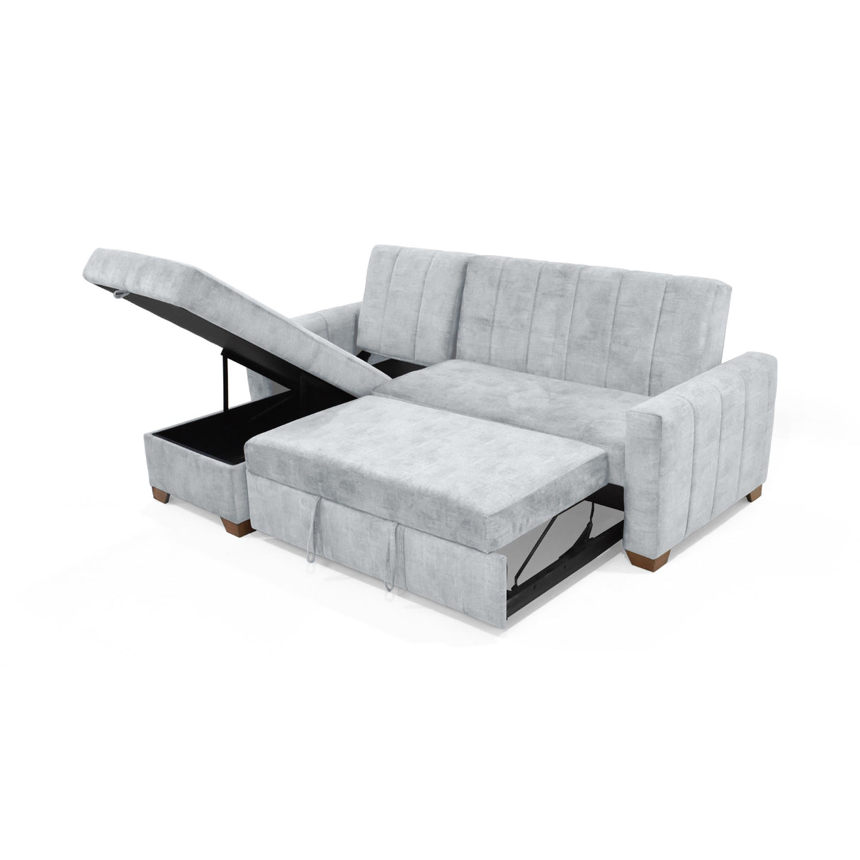 Sofá Cama en L Derecho Apolo Plata y Matiz Caoba 220x92cm de Tres Puestos Reclinable con Almacenamiento y con Apoya Brazos