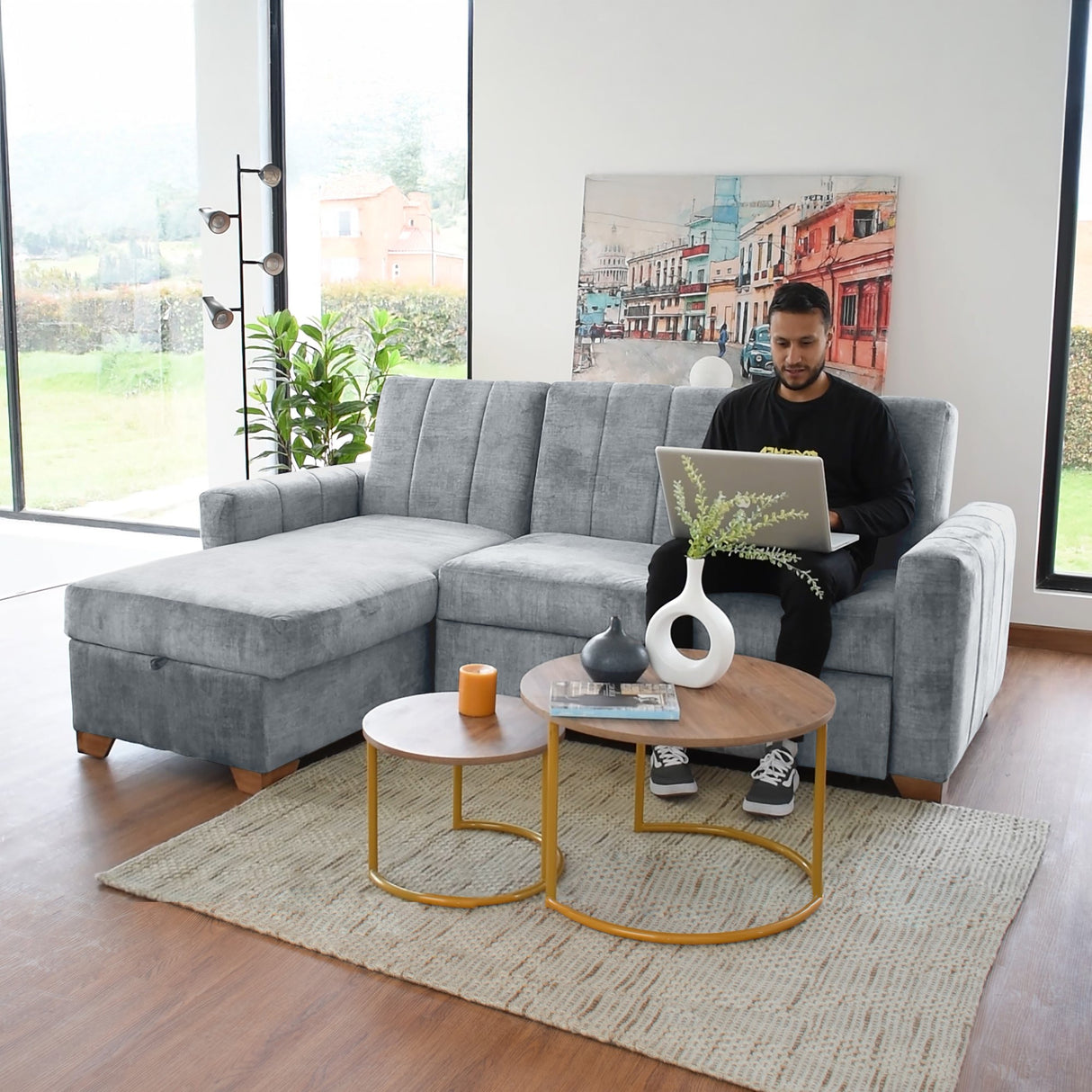 Sofá Cama en L Derecho Apolo Plata y Matiz Caoba 220x92cm de Tres Puestos Reclinable con Almacenamiento y con Apoya Brazos