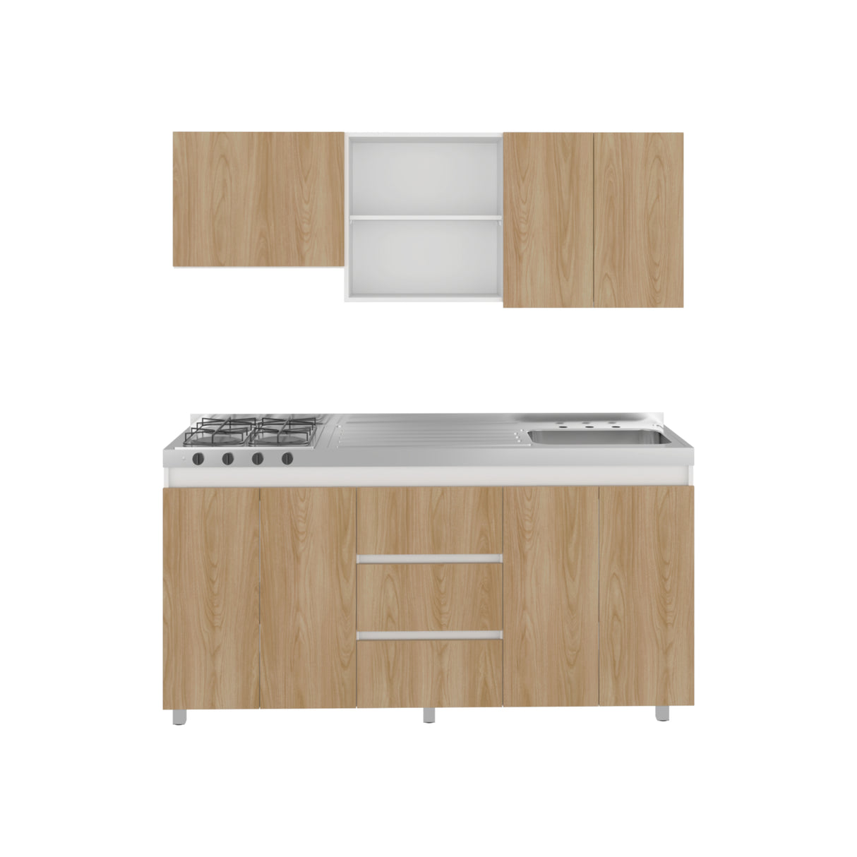Cocina Boreal Blanco Fresno 180x210cm con Mesón de Acero Inoxidable Lado Derecho y sin Estufa
