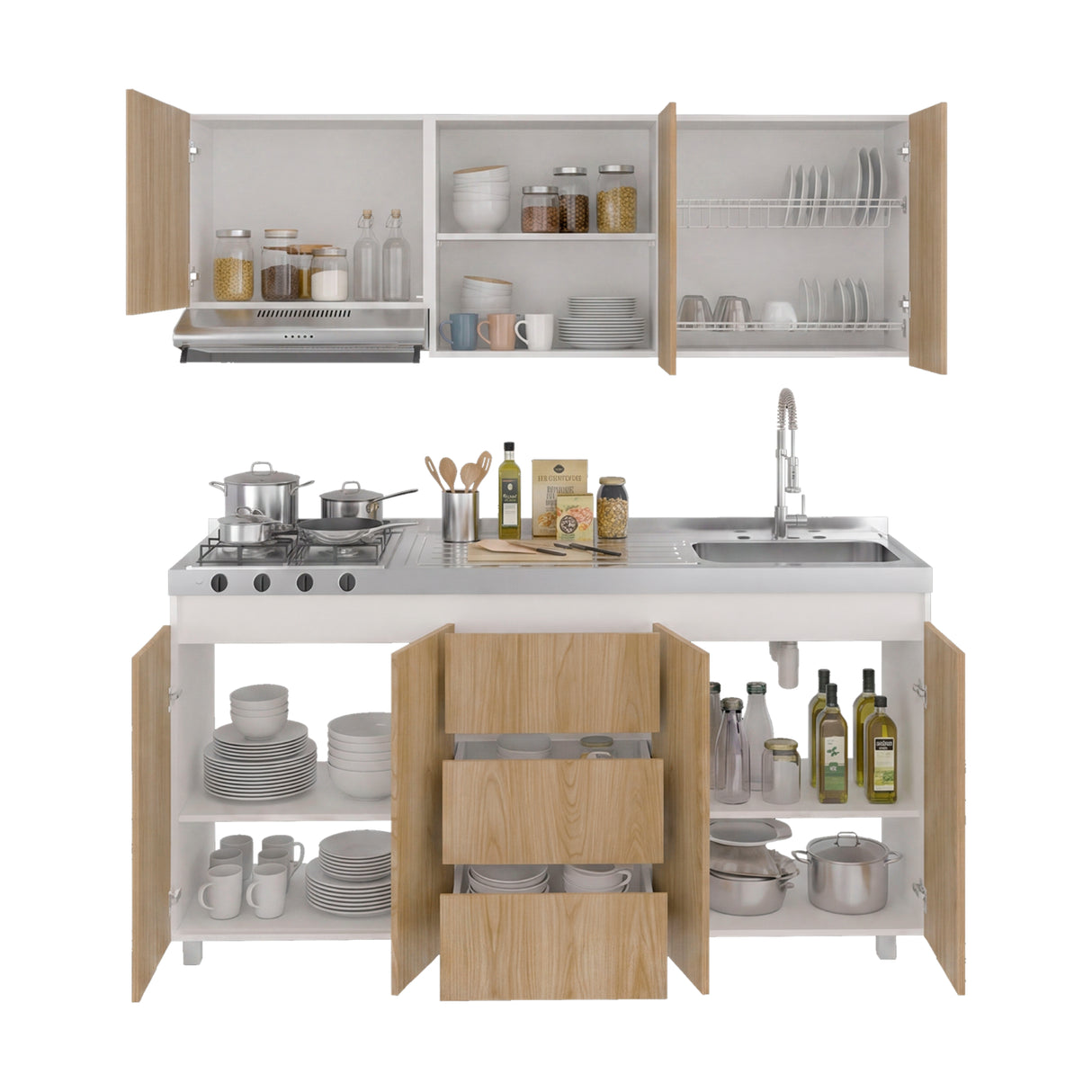 Cocina Boreal Blanco Fresno 180x210cm con Mesón de Acero Inoxidable Lado Derecho y sin Estufa