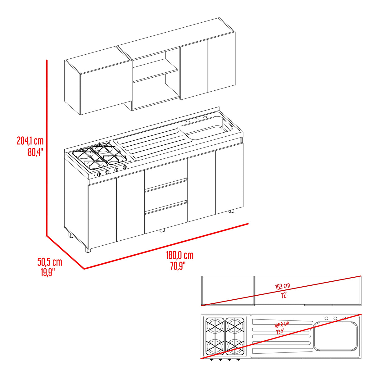Cocina Boreal Blanco Fresno 180x210cm con Mesón de Acero Inoxidable Lado Derecho y sin Estufa