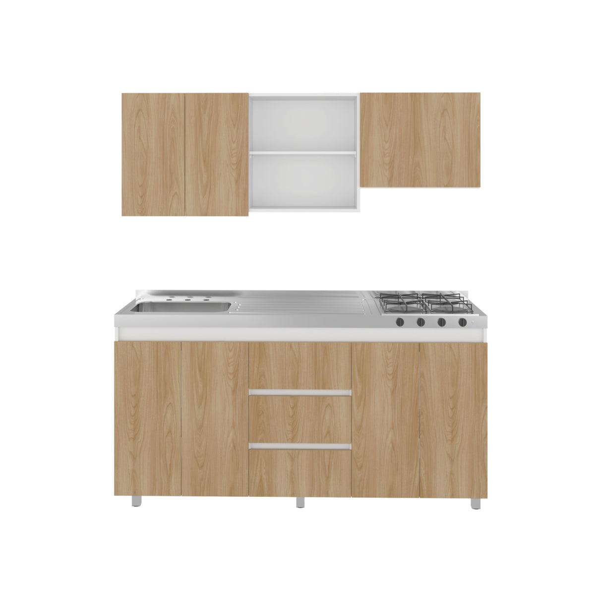 Cocina Boreal Blanco Fresno 180x210cm con Mesón de Acero Inoxidable Lado Izquierdo y sin Estufa
