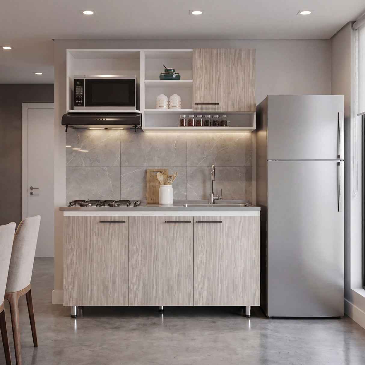 Cocina Orquidea Blanco Positano 150x210cm con Mesón de Acero Inoxidable Lado Derecho y sin Estufa