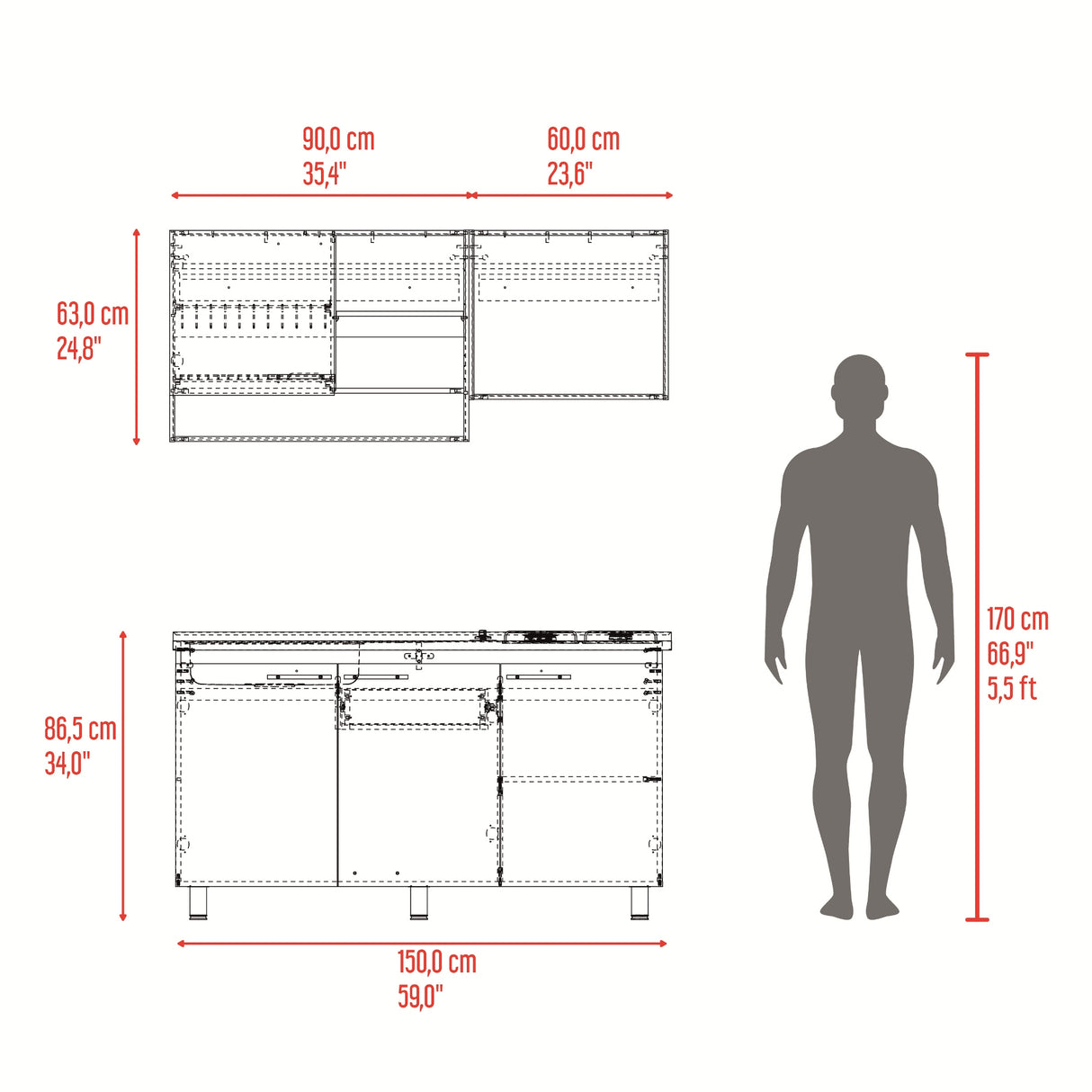 Cocina Orquidea Blanco Positano 150x210cm con Mesón de Acero Inoxidable Lado Izquierdo y sin Estufa