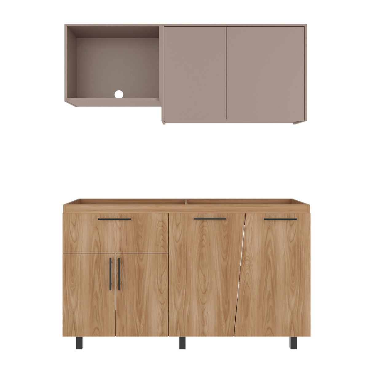Cocina Emilia Fresno Europeo y Taupe 150x210cm para Mesón Derecho sin Mesón y sin Estufa