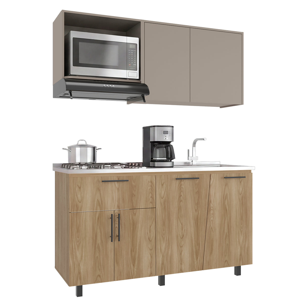 Cocina Emilia Fresno Europeo y Taupe 150x210cm para Mesón Derecho sin Mesón y sin Estufa