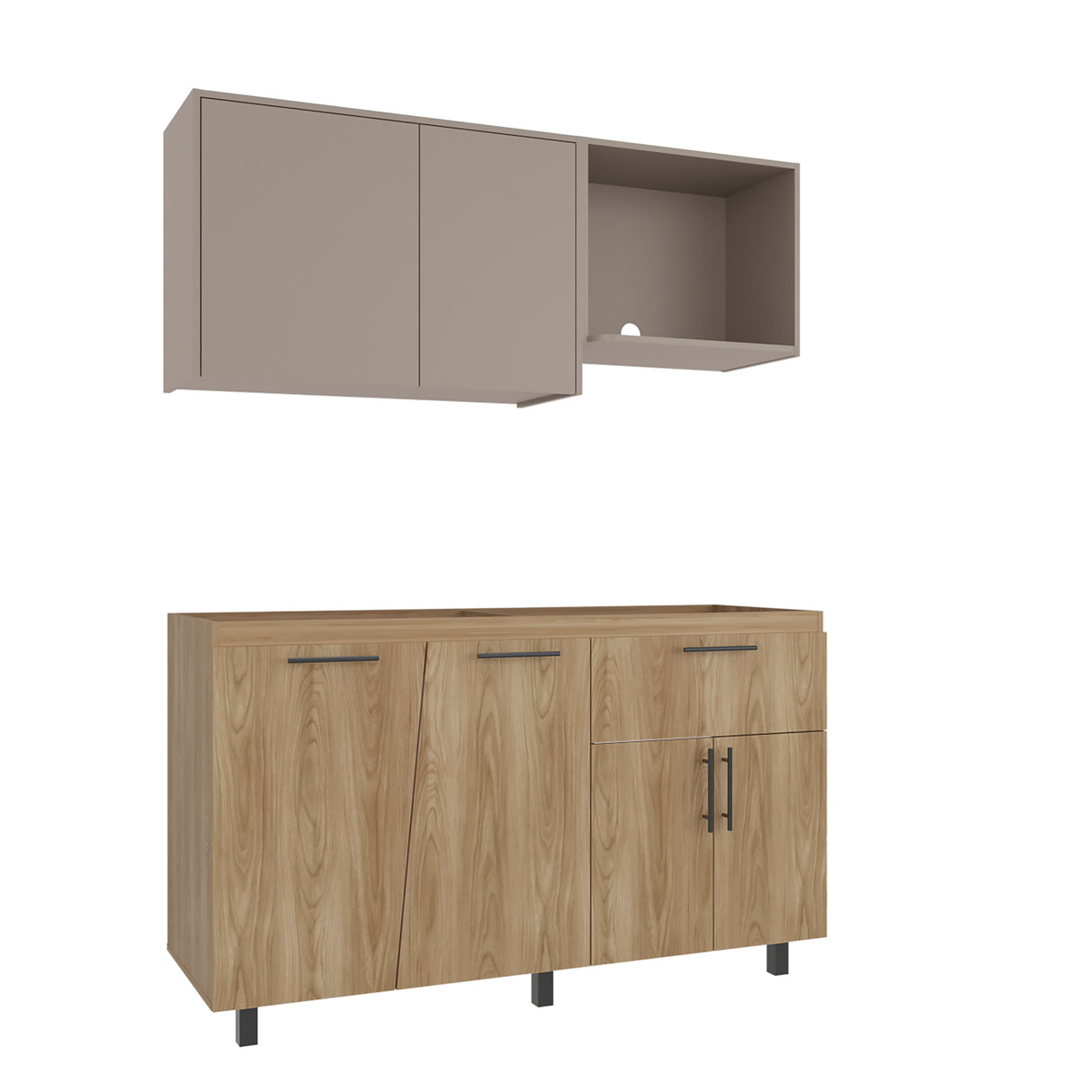 Cocina Emilia Fresno Europeo y Taupe 150x210cm para Mesón Izquierdo sin Mesón y sin Estufa