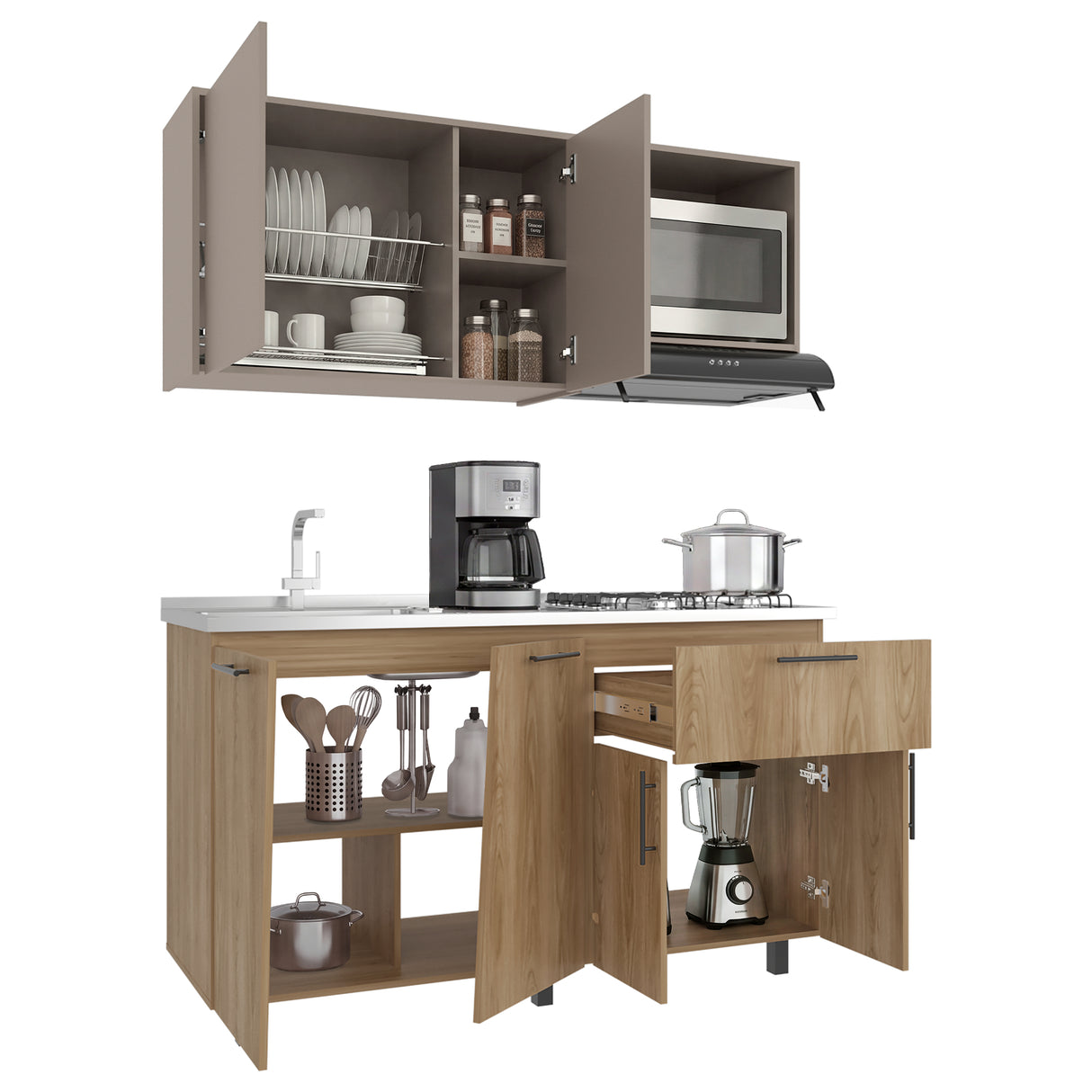Cocina Emilia Fresno Europeo y Taupe 150x210cm para Mesón Izquierdo sin Mesón y sin Estufa