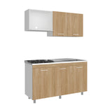 Cocina Miro Blanco y Fresno 150x210cm con Mesón de Acero Inoxidable Lado Derecho y sin Estufa