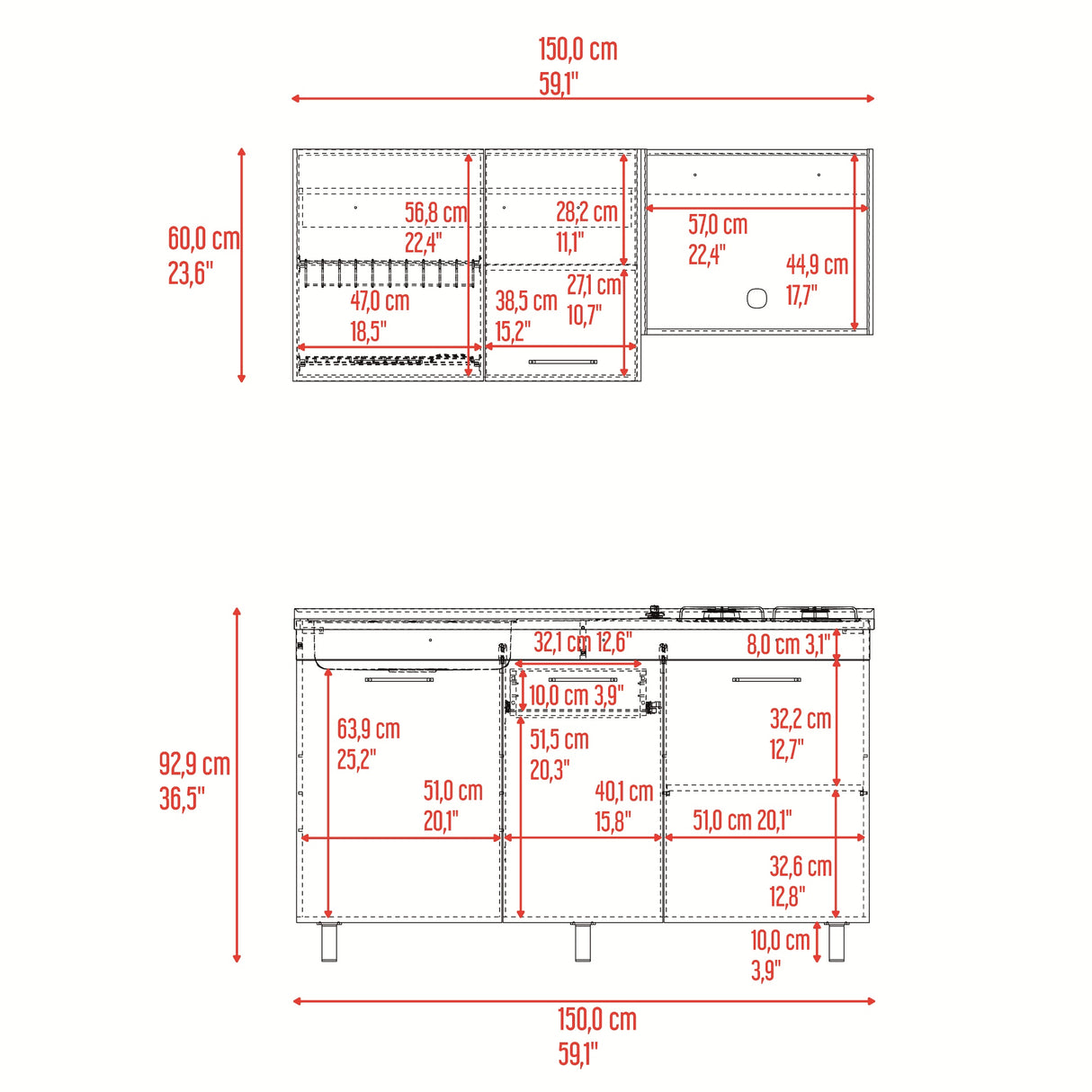 Cocina Miro Blanco y Fresno 150x210cm con Mesón de Acero Inoxidable Lado Izquierdo y sin Estufa