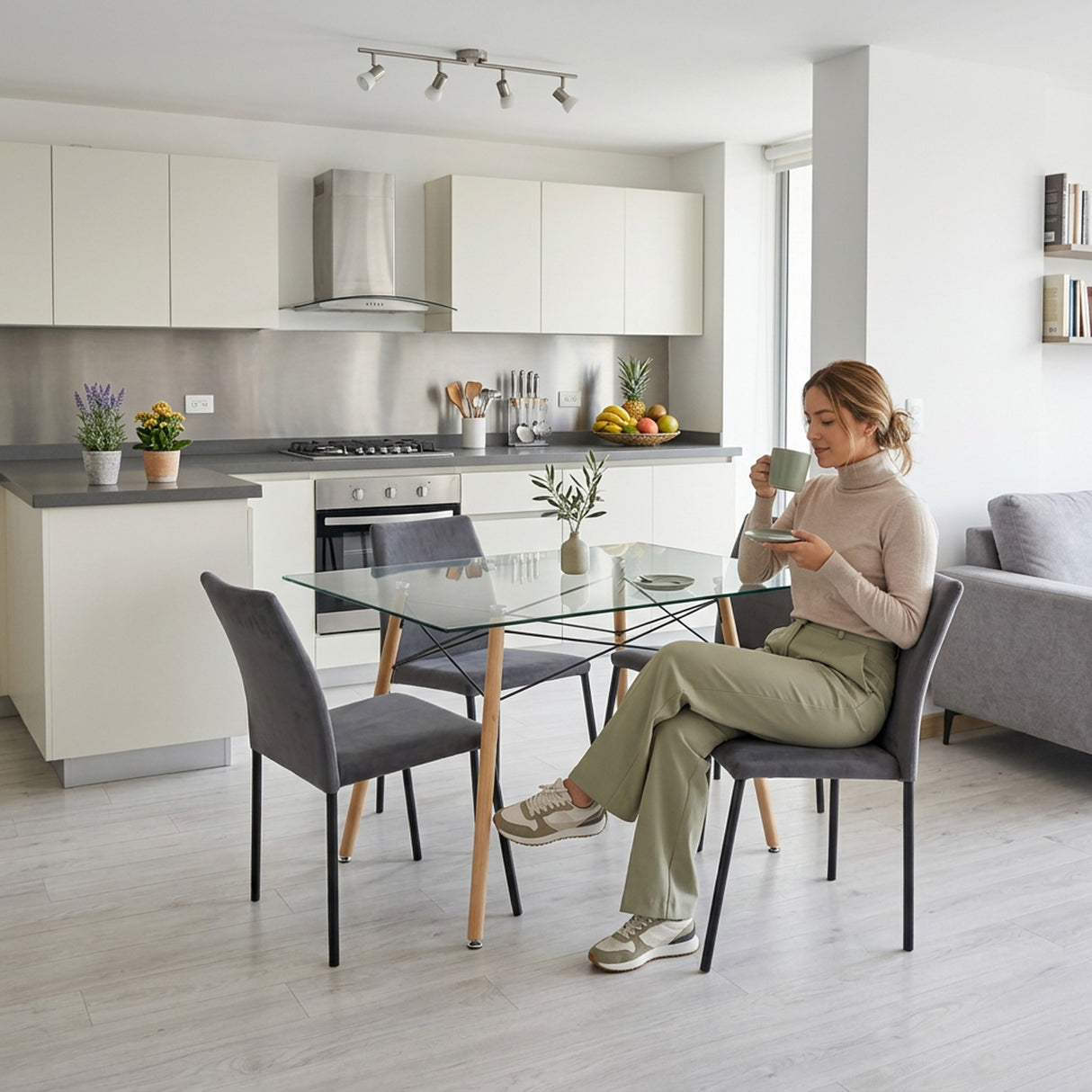 Juego de comedor Belfast Matiz Natural y Gris 120x72cm Rectangular de Patas Cuatro Puestos con Cuatro Sillas