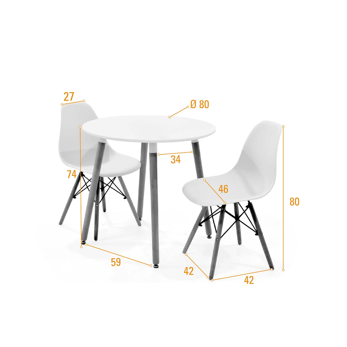 Juego de comedor Banfield Blanco y Matiz Natural 80x74cm Circular de Patas Cuatro Puestos con Cuatro Sillas