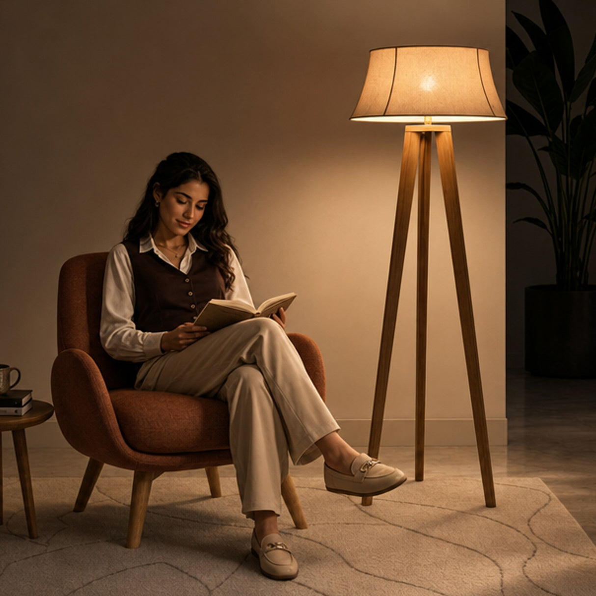 Lámpara de Piso Reims Beige y Matiz Caoba 55x155cm para una Bombilla LED sin Bombilla