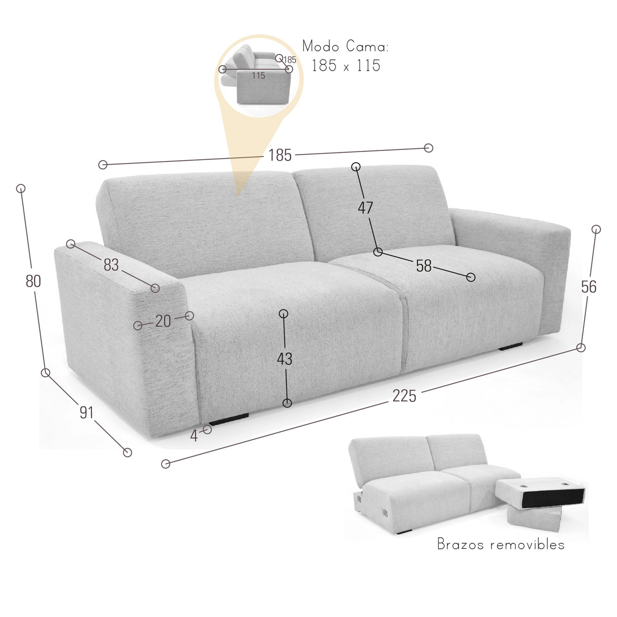 Sofacama Boston Beige y Matiz Wengue 225x80cm de Tres Puestos Reclinable con Apoya Brazos