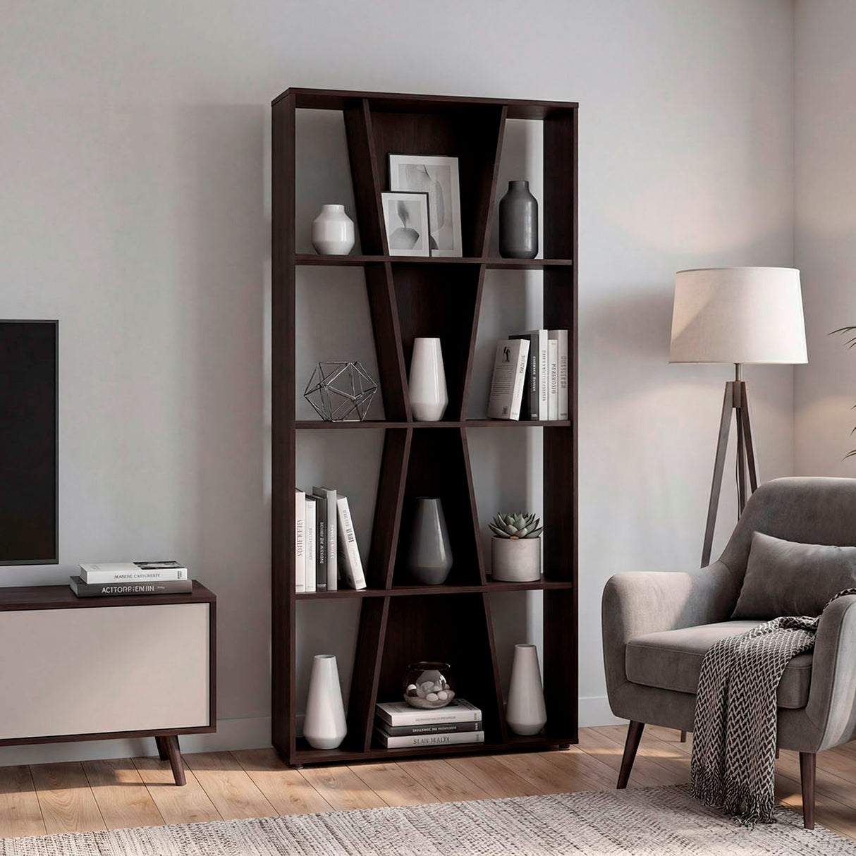 Biblioteca Vaughan Nogal 80x180cm Rectangular con Doce Compartimientos y con Tres Entrepaños