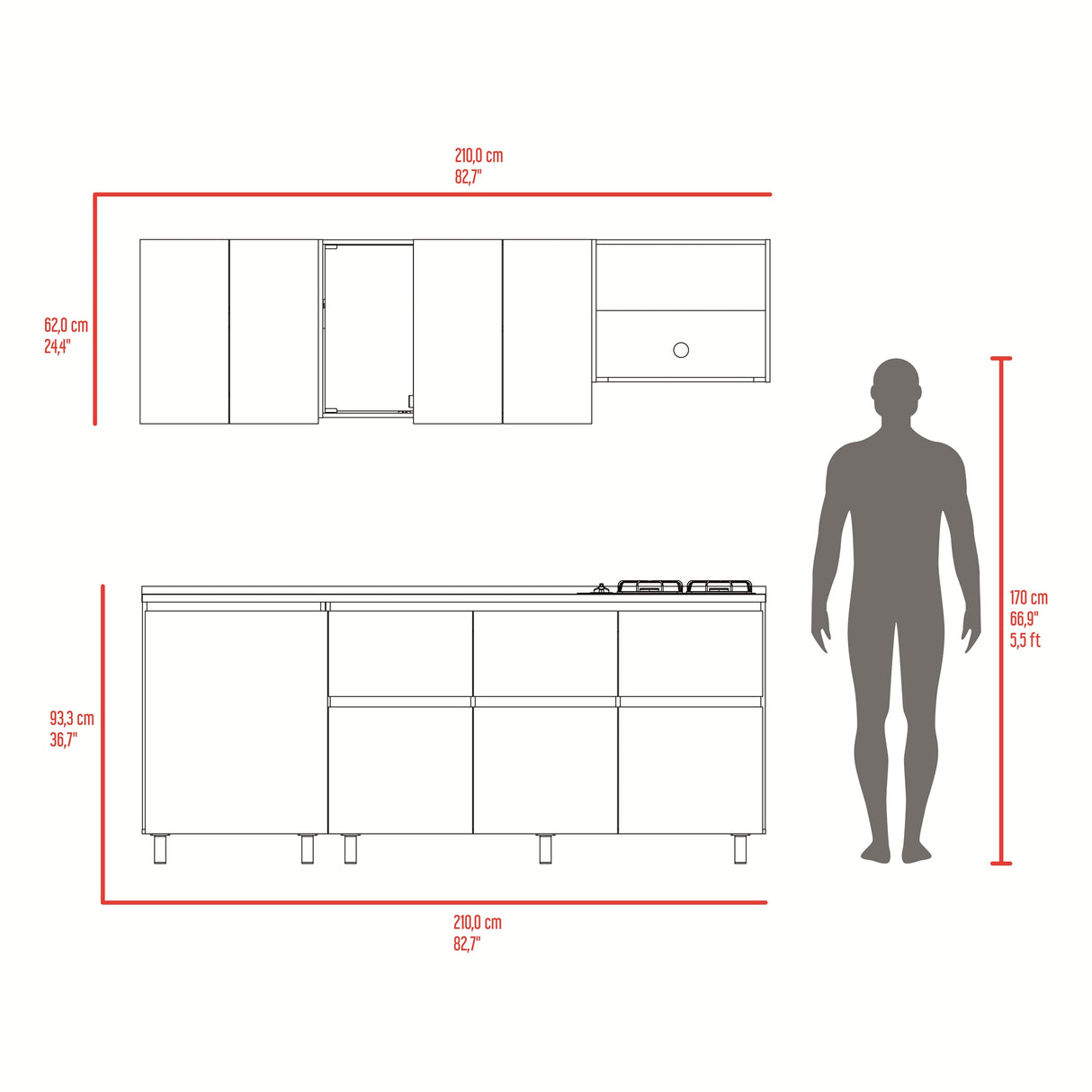 Cocina Lirio Fresno Europeo 212x155.3cm con Mesón de Acero Inoxidable Lado Derecho y con Estufa