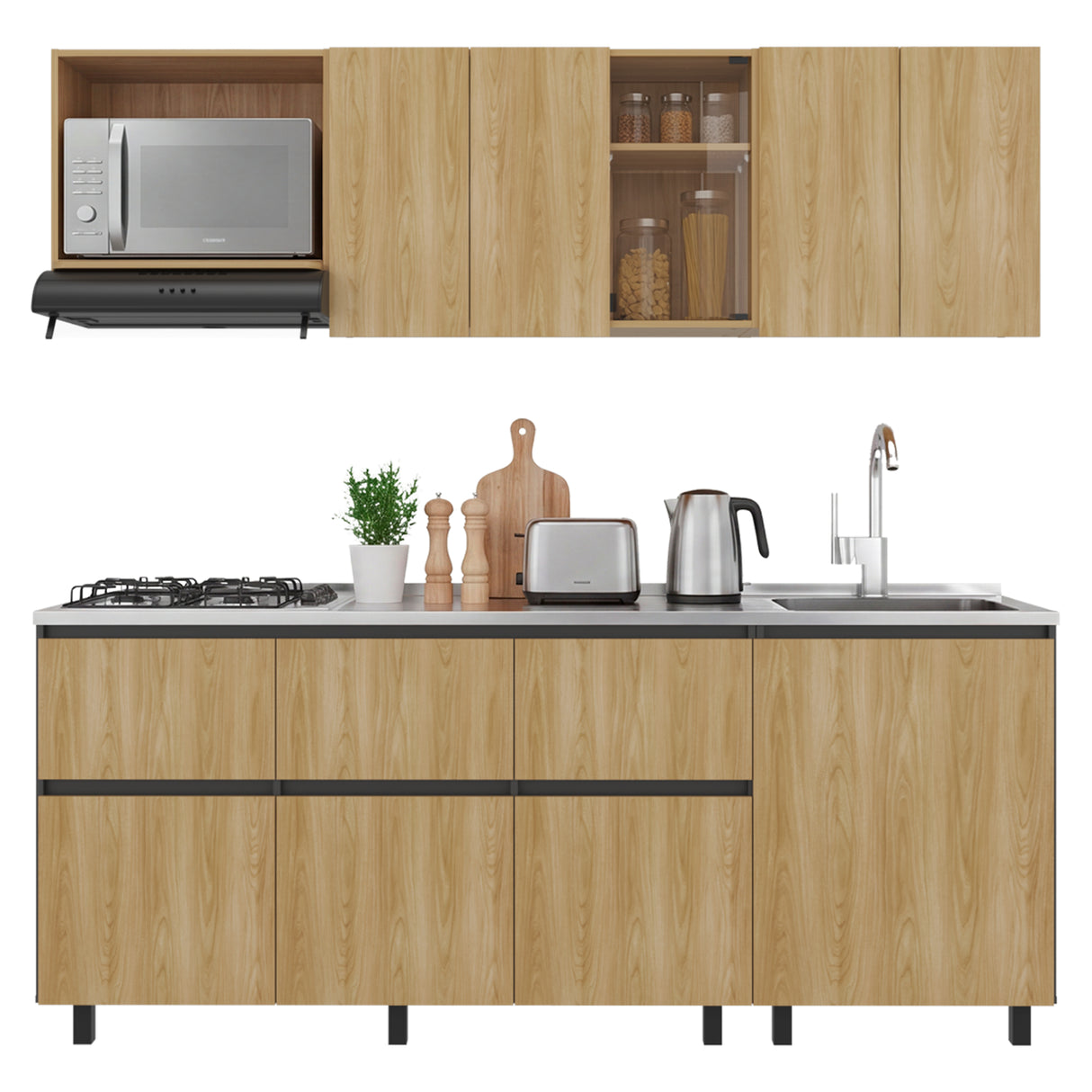 Cocina Lirio Fresno Europeo 212x155.3cm con Mesón de Acero Inoxidable Lado Derecho y con Estufa