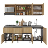 Cocina Lirio Fresno Europeo 212x155.3cm con Mesón de Acero Inoxidable Lado Derecho y con Estufa
