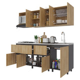 Cocina Lirio Fresno Europeo 212x155.3cm con Mesón de Acero Inoxidable Lado Derecho y con Estufa