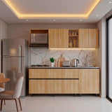Cocina Lirio Fresno Europeo 212x155.3cm con Mesón de Acero Inoxidable Lado Derecho y con Estufa