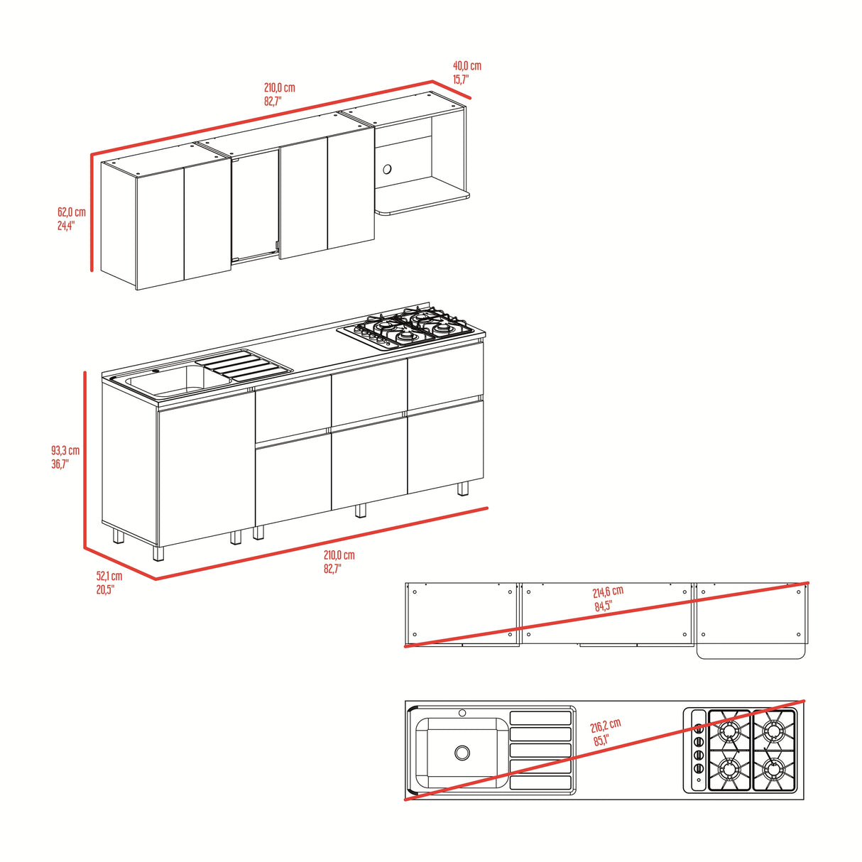 Cocina Lirio Fresno Europeo 212x155.3cm con Mesón de Acero Inoxidable Lado Derecho y con Estufa