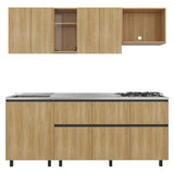 Cocina Lirio Fresno Europeo 212x155.3cm con Mesón de Acero Inoxidable Lado Izquierdo y con Estufa