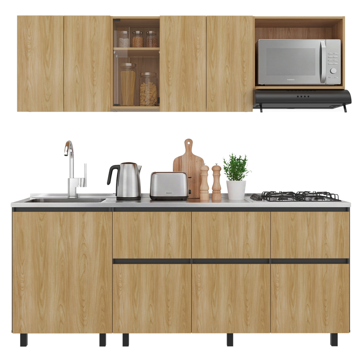 Cocina Lirio Fresno Europeo 212x155.3cm con Mesón de Acero Inoxidable Lado Izquierdo y con Estufa