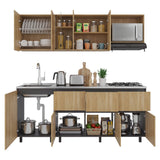 Cocina Lirio Fresno Europeo 212x155.3cm con Mesón de Acero Inoxidable Lado Izquierdo y con Estufa