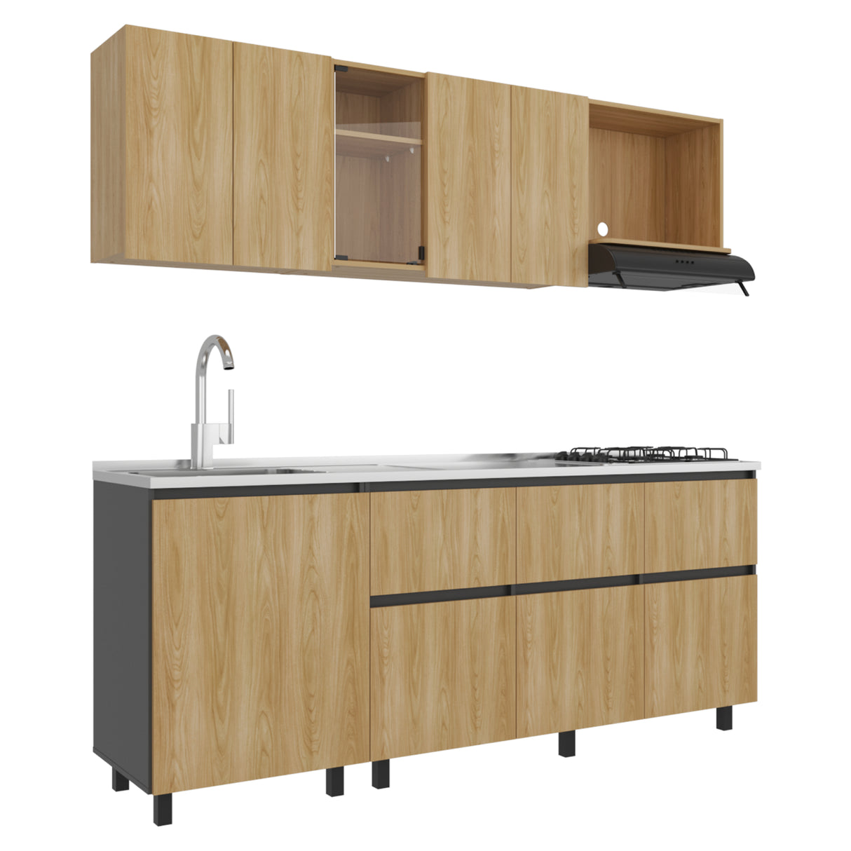 Cocina Lirio Fresno Europeo 212x155.3cm con Mesón de Acero Inoxidable Lado Izquierdo y con Estufa
