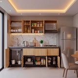 Cocina Lirio Fresno Europeo 212x155.3cm con Mesón de Acero Inoxidable Lado Izquierdo y con Estufa