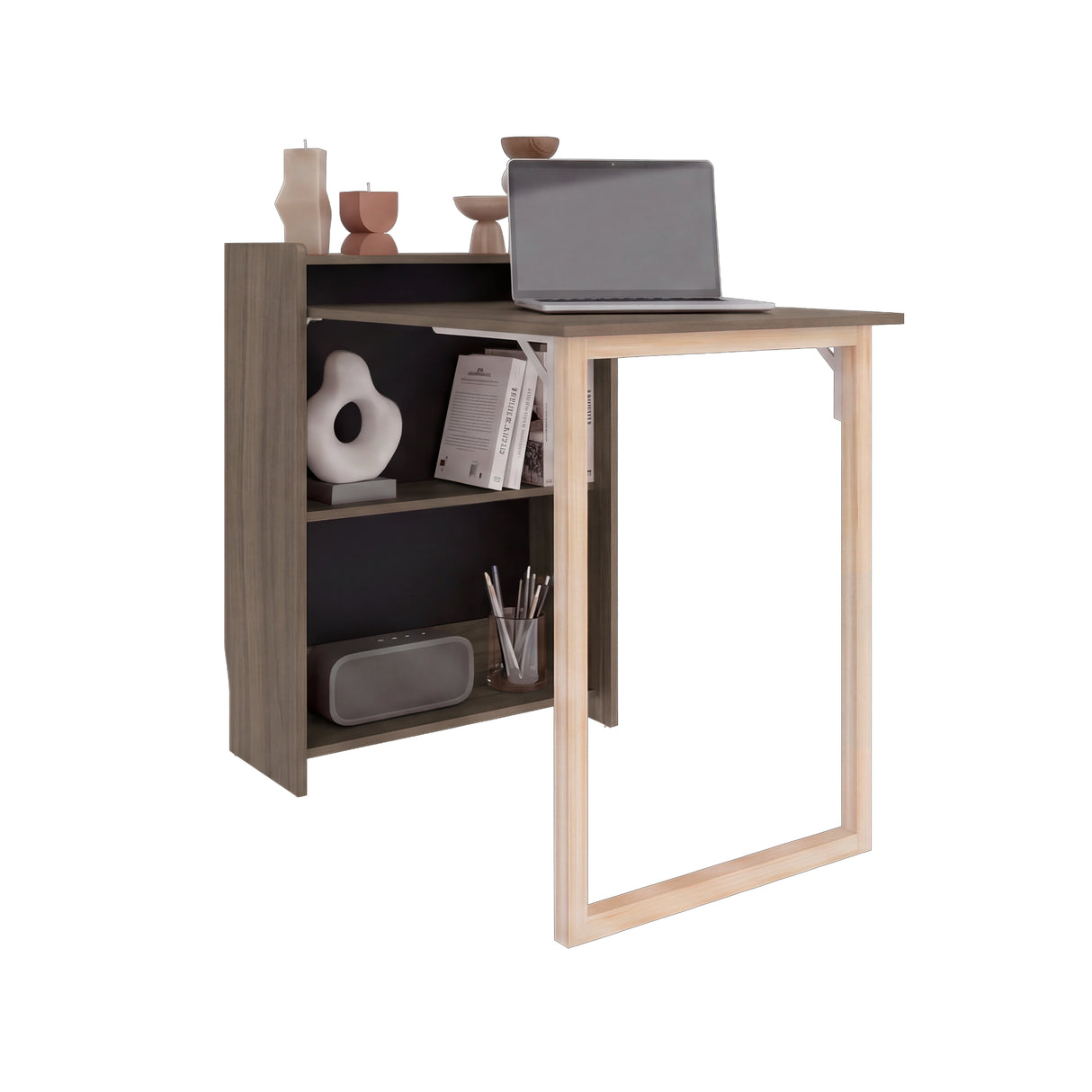 Escritorio Plegable Lesli Avellana 63.6x85.6cm con Organizador de Libros