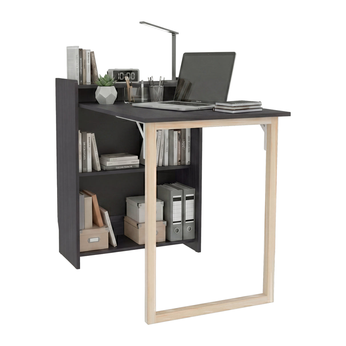 Escritorio Plegable Lesli Wengue 63.6x85.6cm con Organizador de Libros