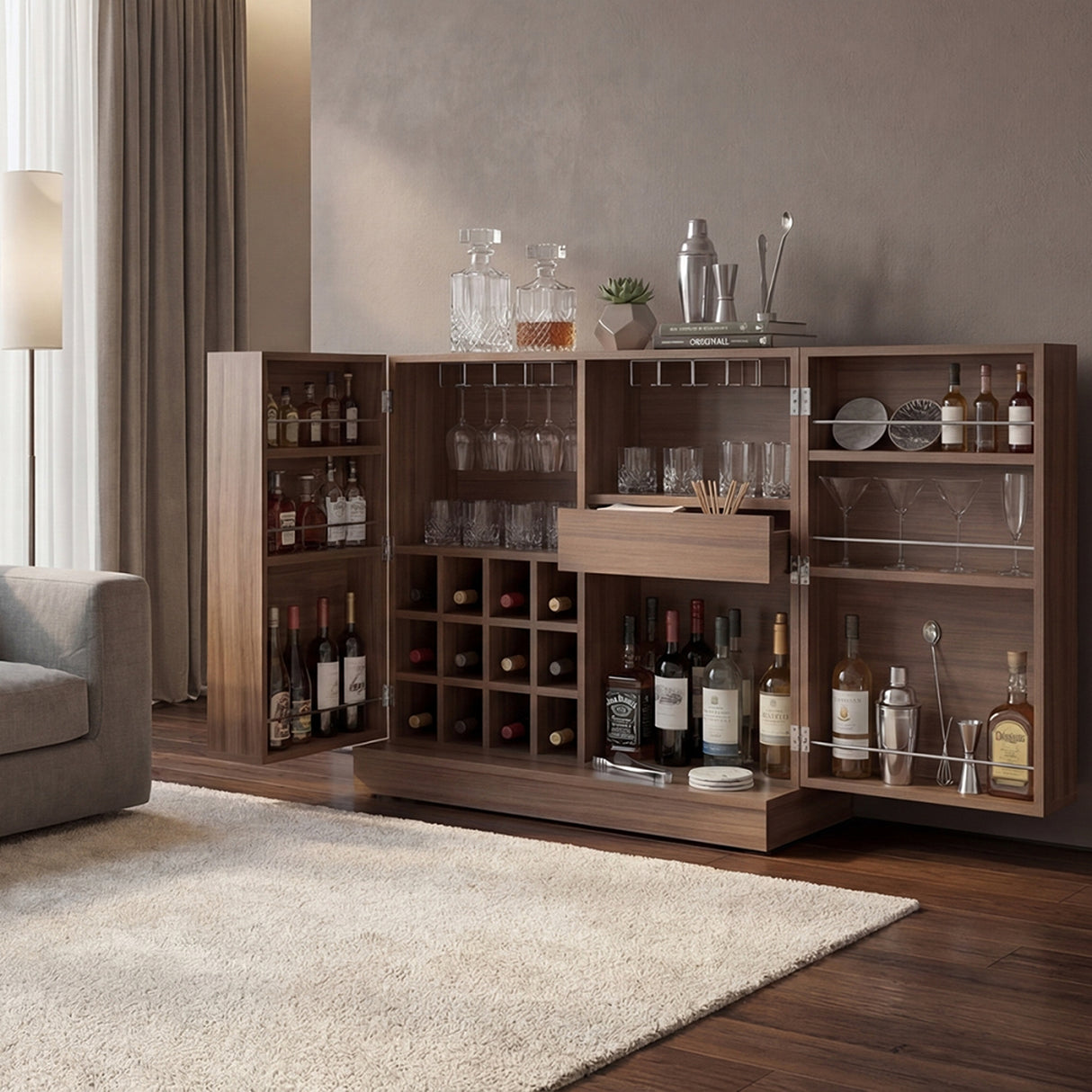 Bar Sintra Avellana 102x94.8cm con Un Cajón y con Doce Portabotellas