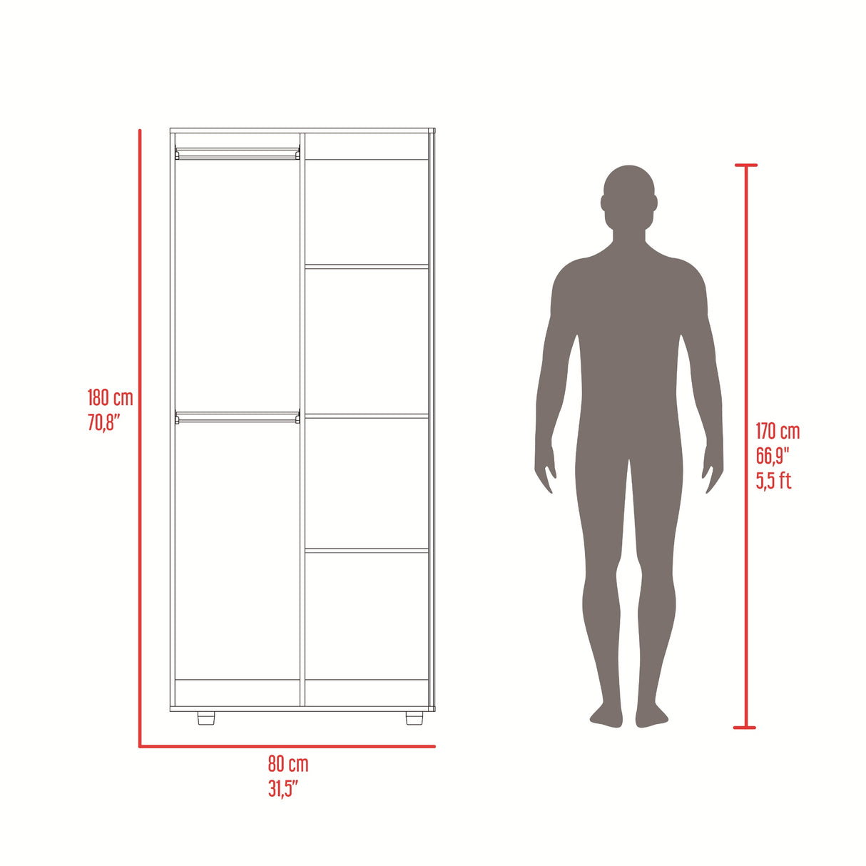 Closet Tera Fresno y Blanco 80x180cm sin Cajones con 3 Entrepaños