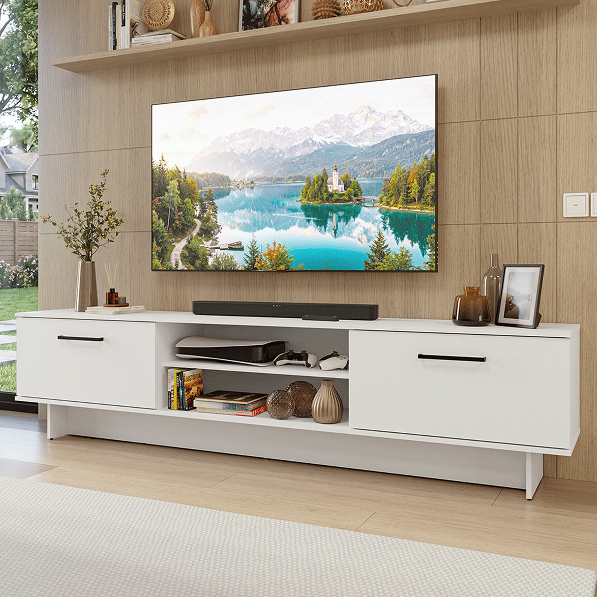 Rack de TV Agata Blanco 218x52cm para TV Hasta 80 Pulgadas con Cinco Cajones
