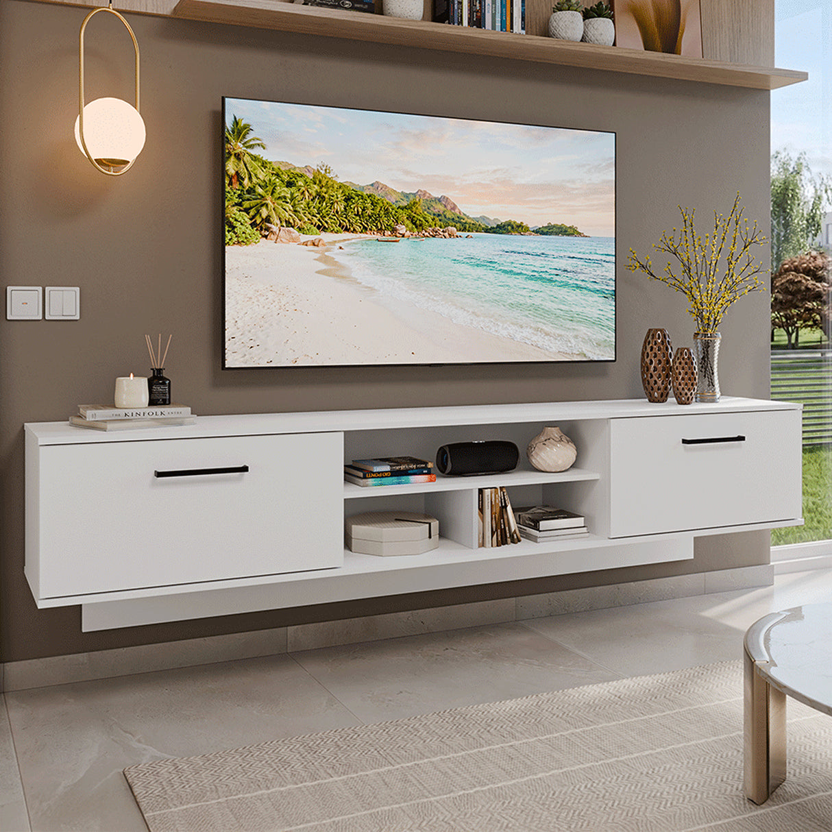 Rack de TV Agata Blanco 218x52cm para TV Hasta 80 Pulgadas Flotante con Cinco Cajones