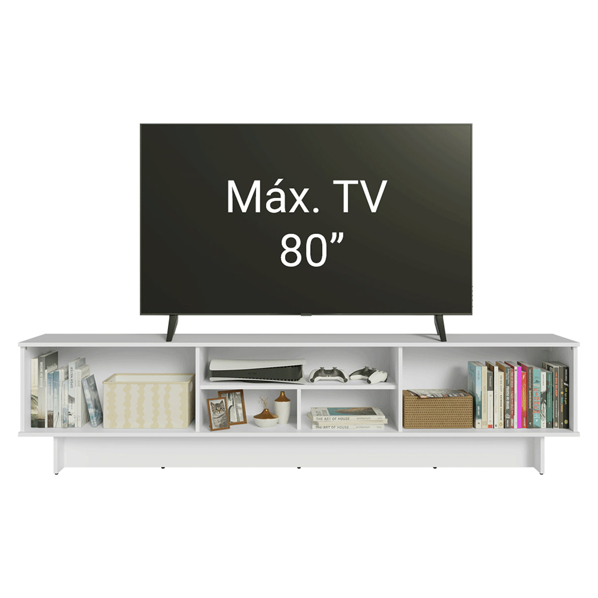 Rack de TV Glamy Blanco 218x52cm para TV Hasta 80 Pulgadas con Cinco Cajones