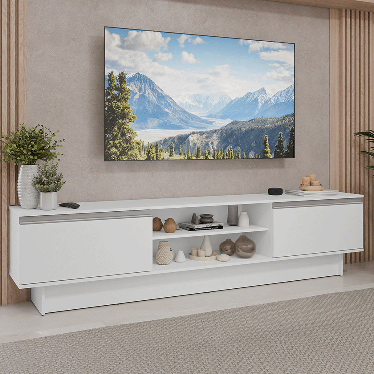 Rack de TV Glamy Blanco 218x52cm para TV Hasta 80 Pulgadas con Cinco Cajones