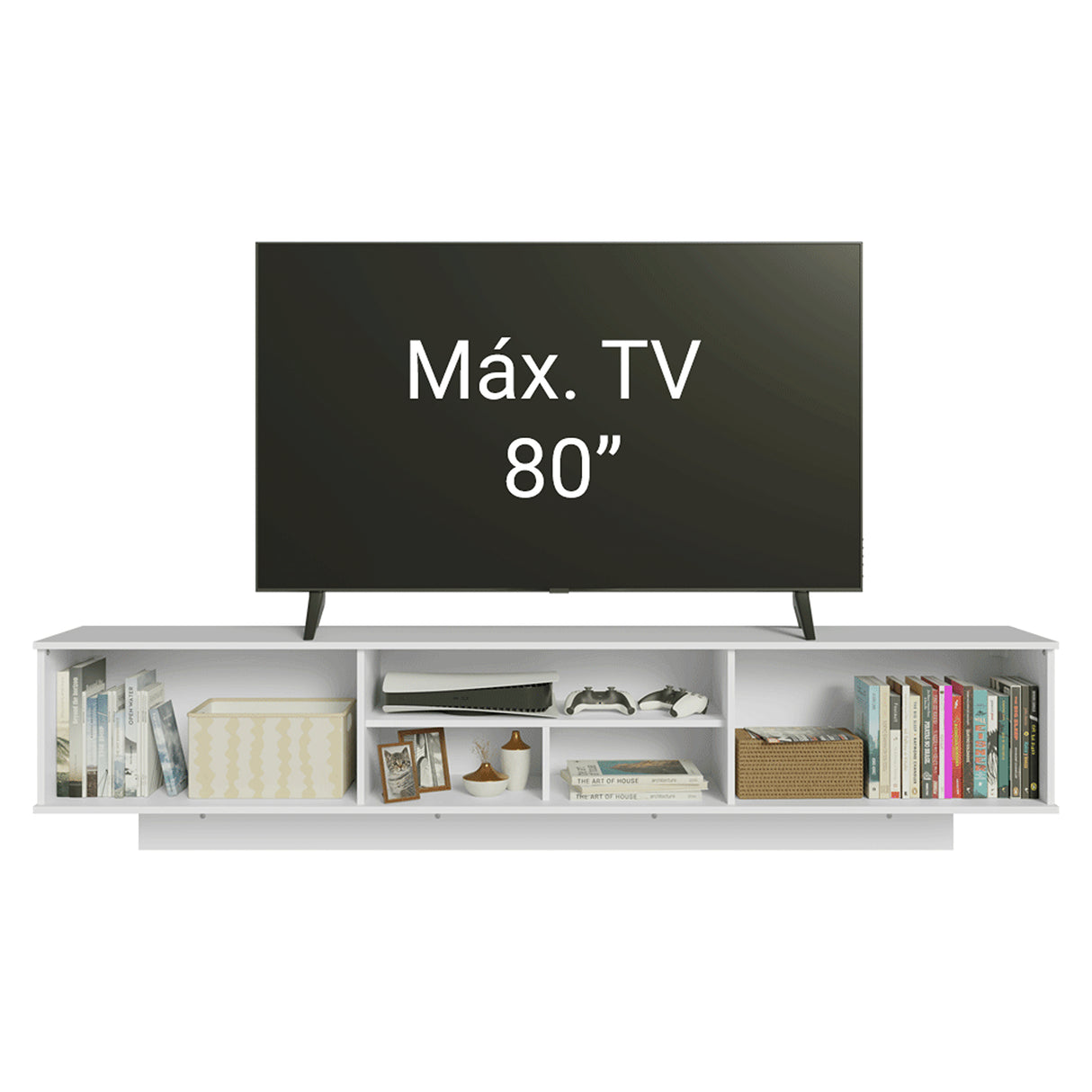 Rack de TV Glamy Blanco 218x52cm para TV Hasta 80 Pulgadas Flotante con Cinco Cajones