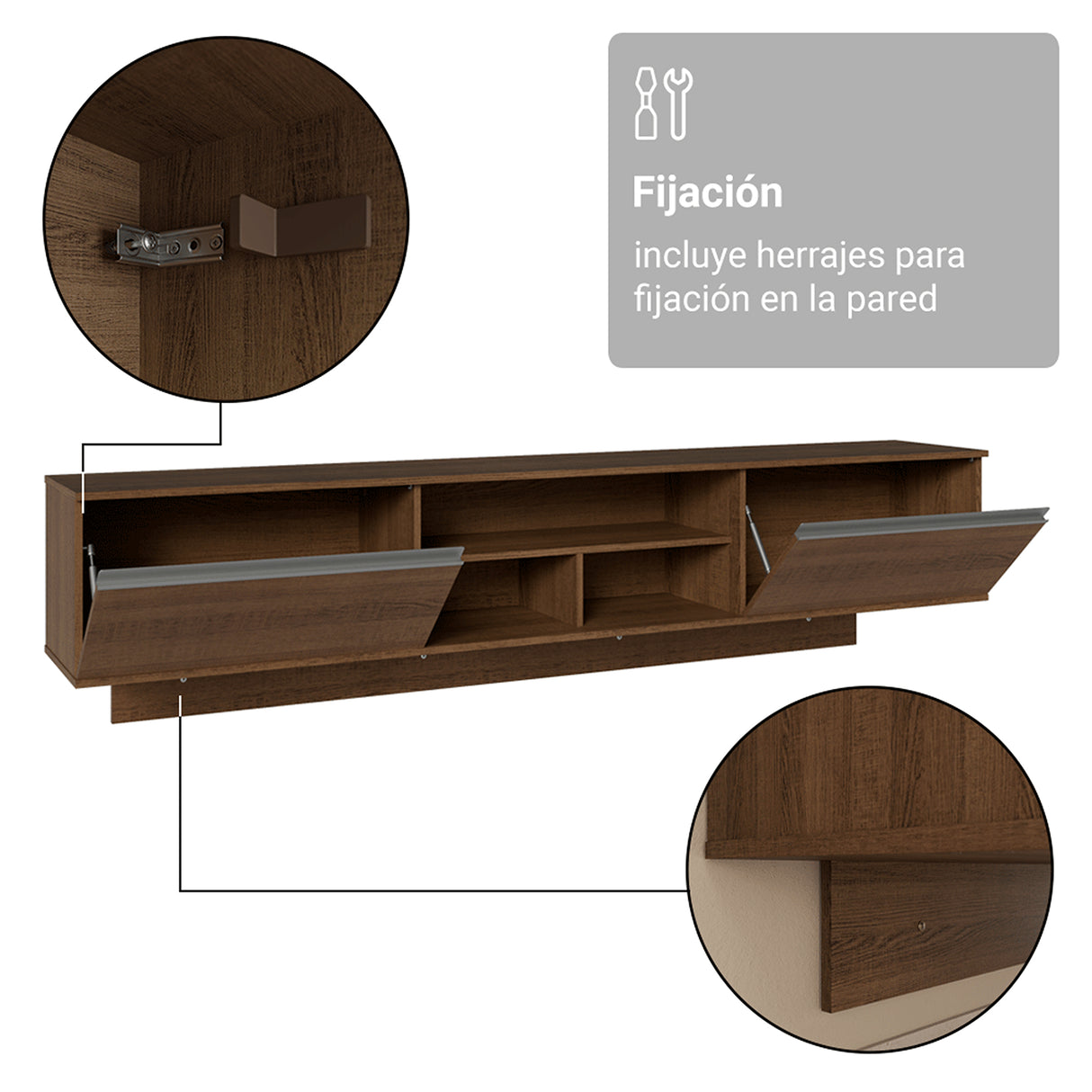 Rack de TV Glamy Marrón 218x52cm para TV Hasta 80 Pulgadas Flotante con Cinco Cajones