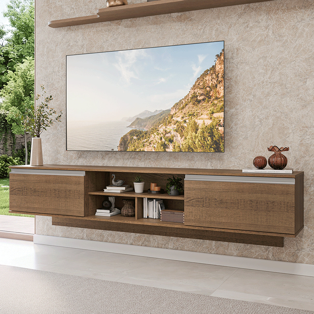 Rack de TV Glamy Marrón 218x52cm para TV Hasta 80 Pulgadas Flotante con Cinco Cajones