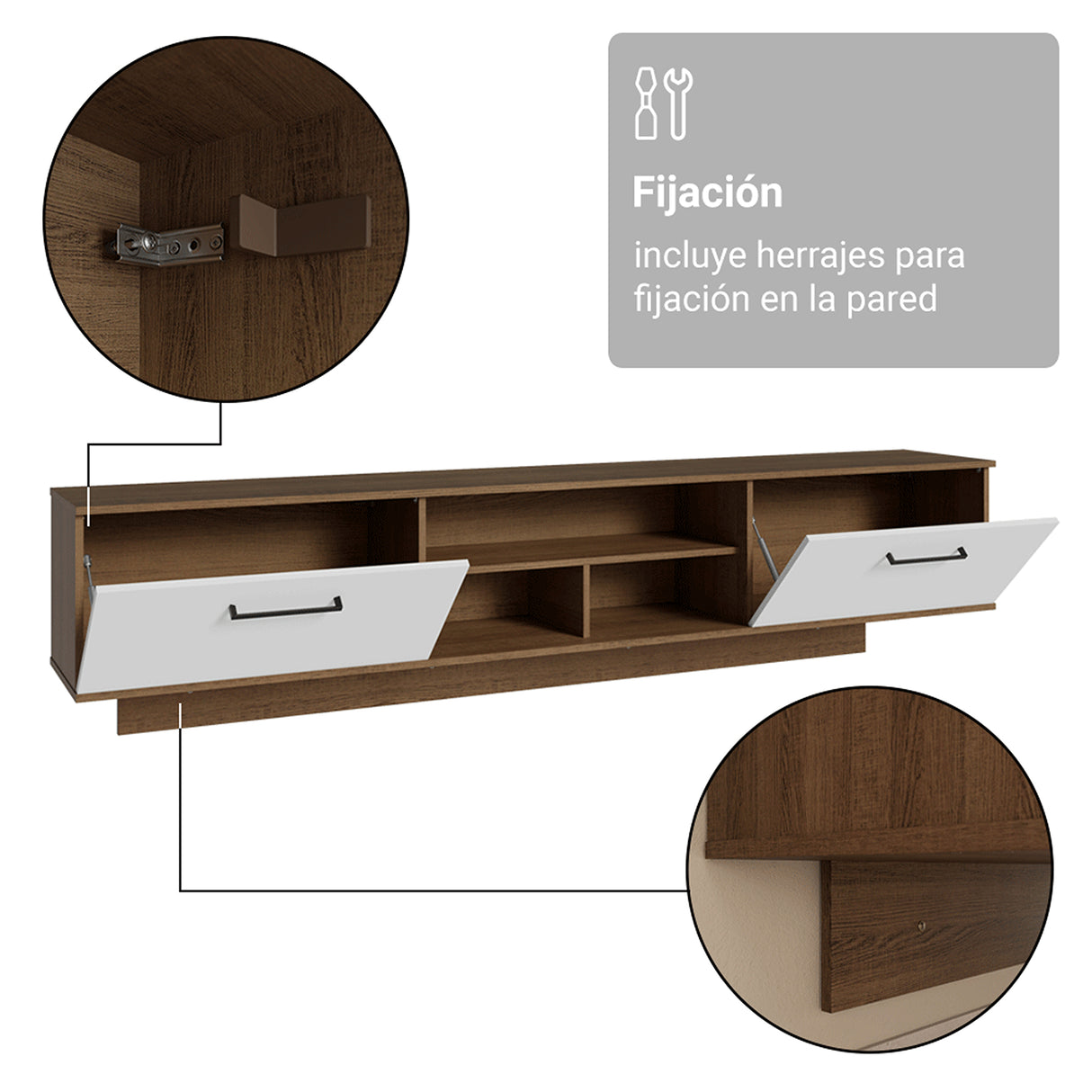 Rack de TV Agata Marrón y Blanco 218x52cm para TV Hasta 80 Pulgadas Flotante con Cinco Cajones