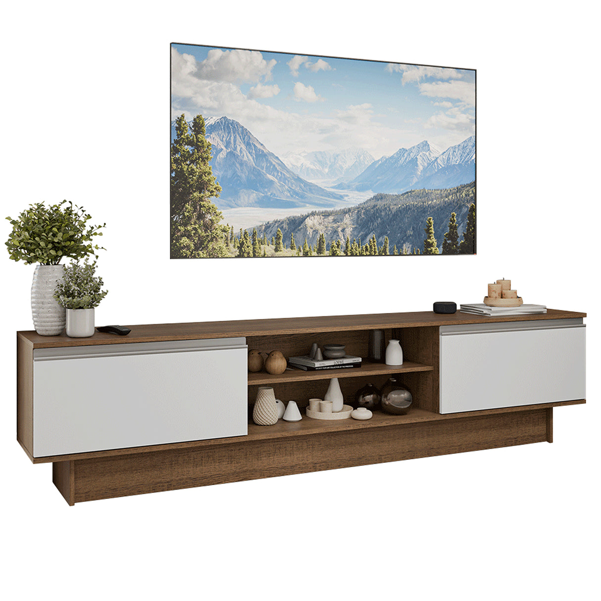Rack de TV Glamy Marrón y Blanco 218x52cm para TV Hasta 80 Pulgadas con Cinco Cajones