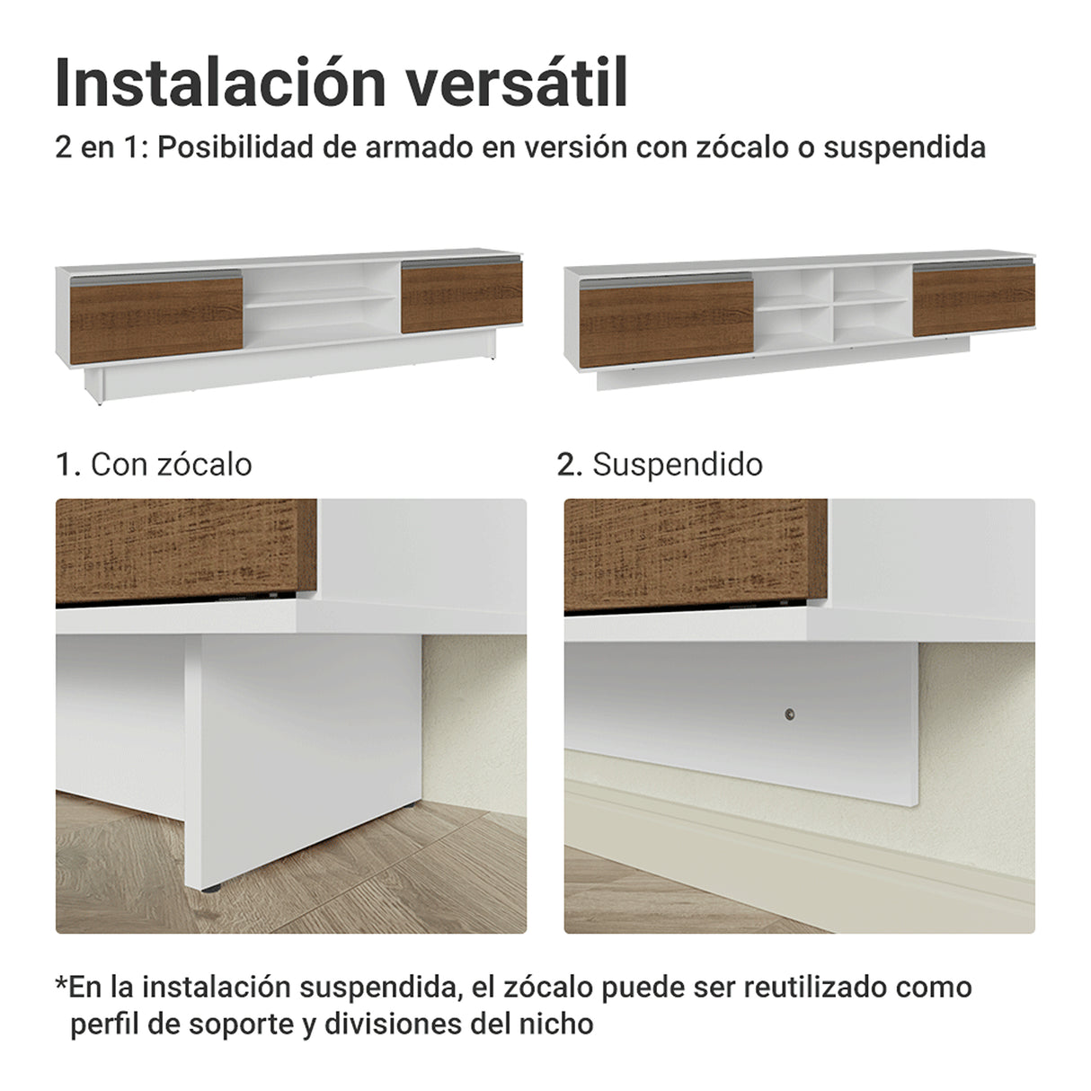Rack de TV Glamy Blanco y Marrón 218x52cm para TV Hasta 80 Pulgadas con Cinco Cajones