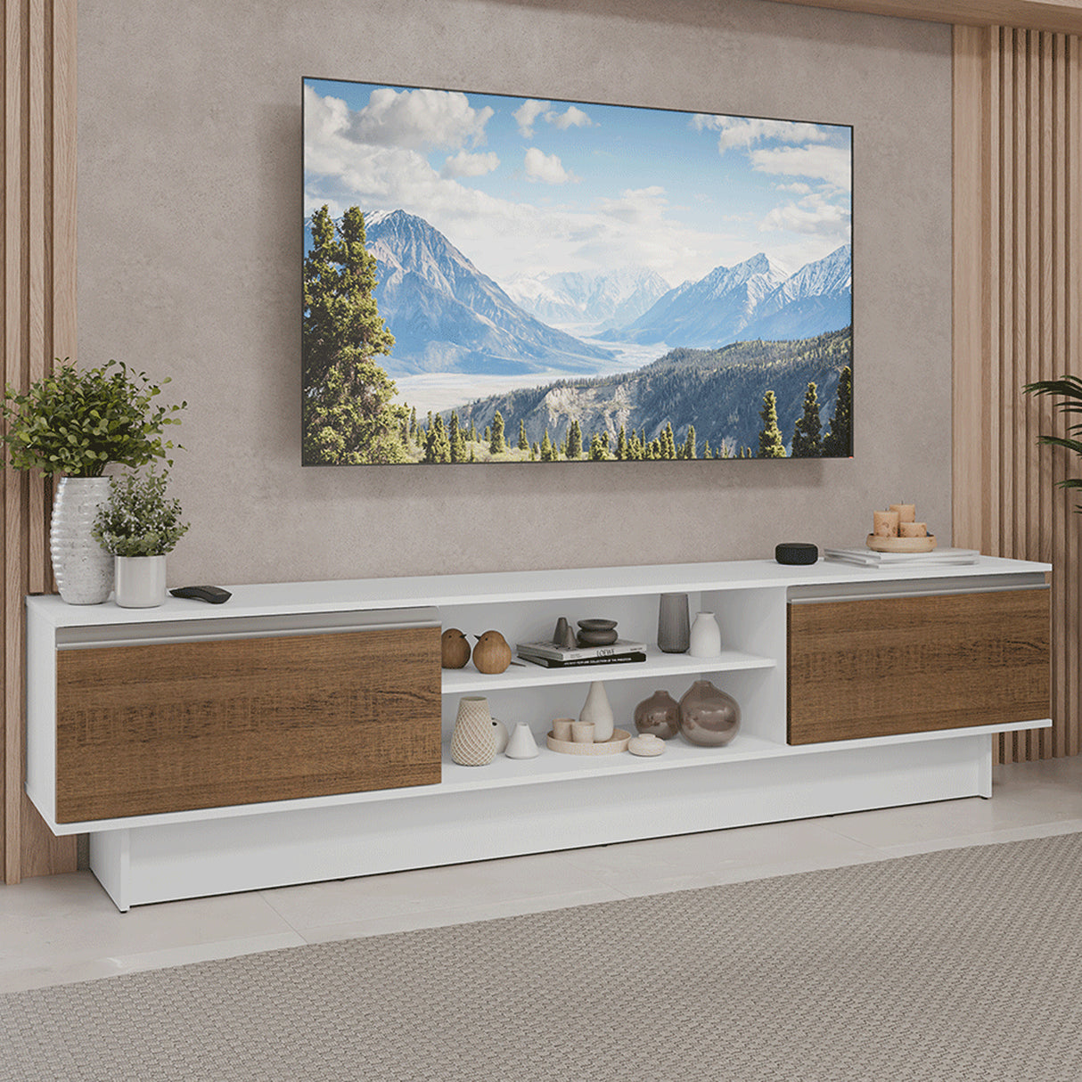 Rack de TV Glamy Blanco y Marrón 218x52cm para TV Hasta 80 Pulgadas con Cinco Cajones