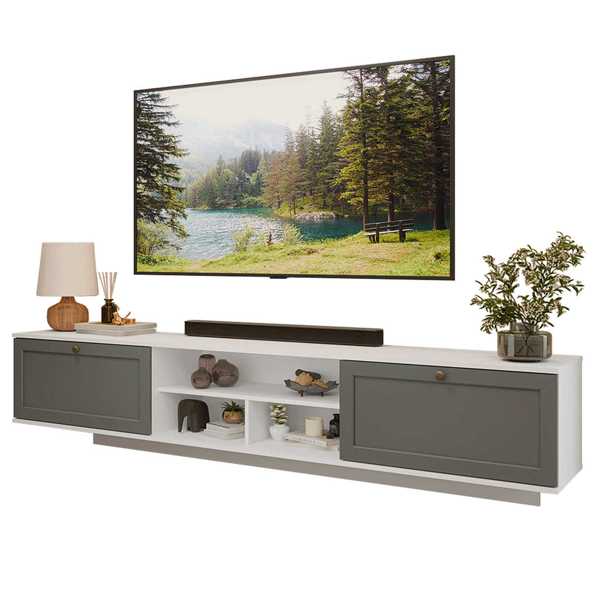 Rack de TV Vik Blanco y Gris 218x52cm para TV Hasta 80 Pulgadas Flotante con Cinco Cajones