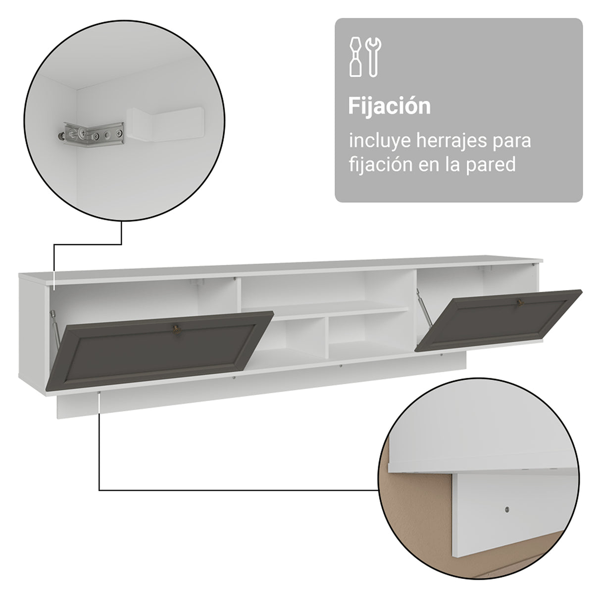 Rack de TV Vik Blanco y Gris 218x52cm para TV Hasta 80 Pulgadas Flotante con Cinco Cajones