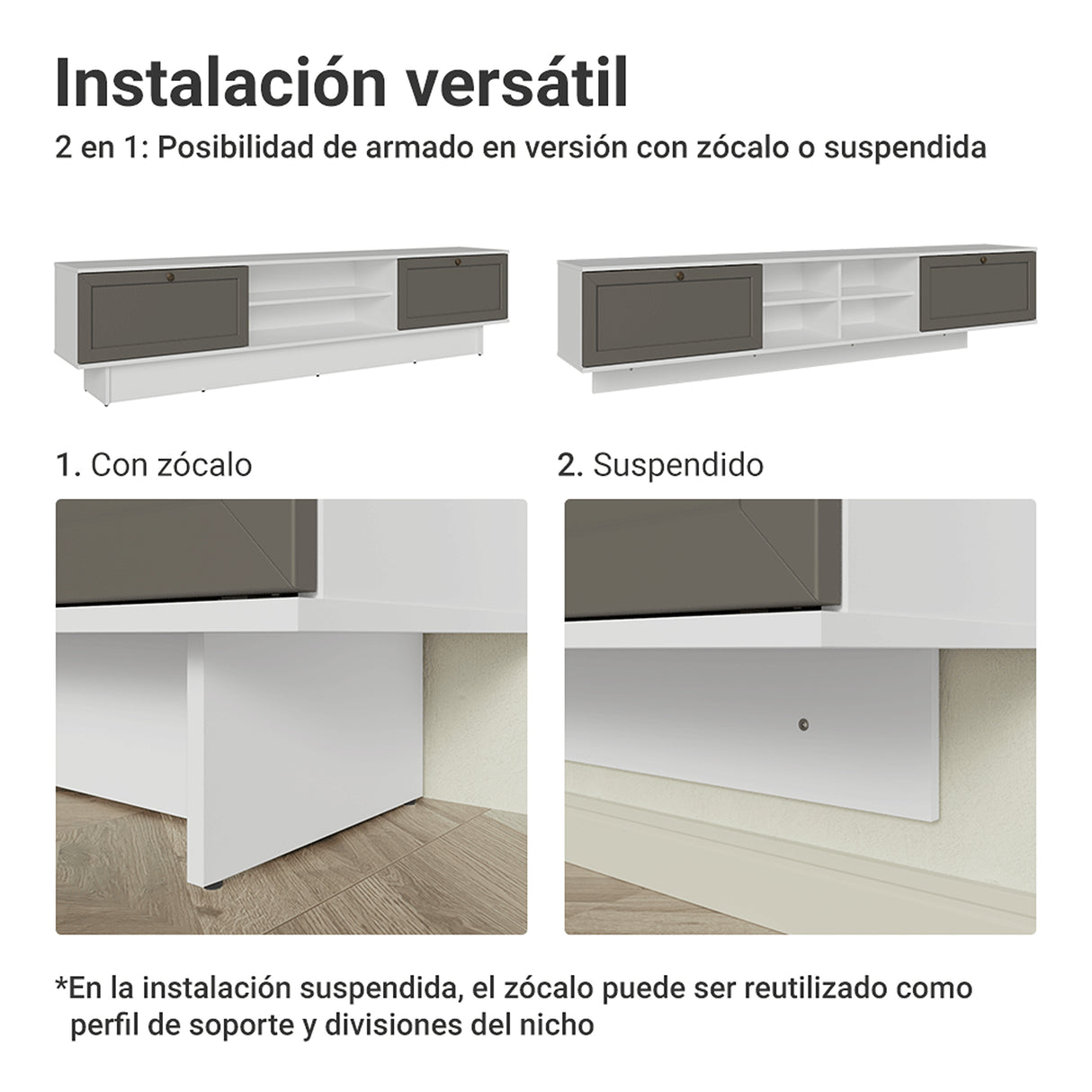 Rack de TV Vik Blanco y Gris 218x52cm para TV Hasta 80 Pulgadas Flotante con Cinco Cajones