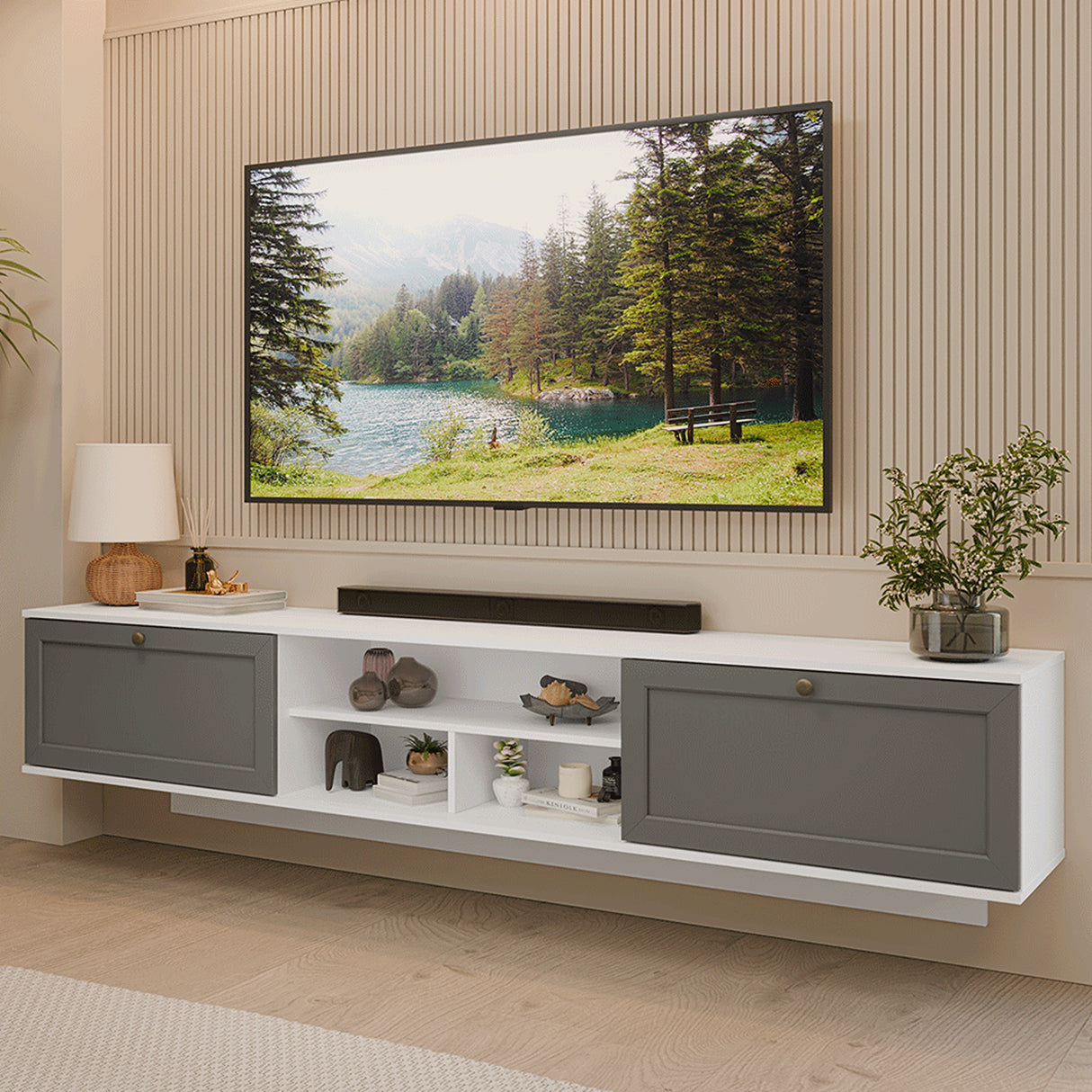 Rack de TV Vik Blanco y Gris 218x52cm para TV Hasta 80 Pulgadas Flotante con Cinco Cajones